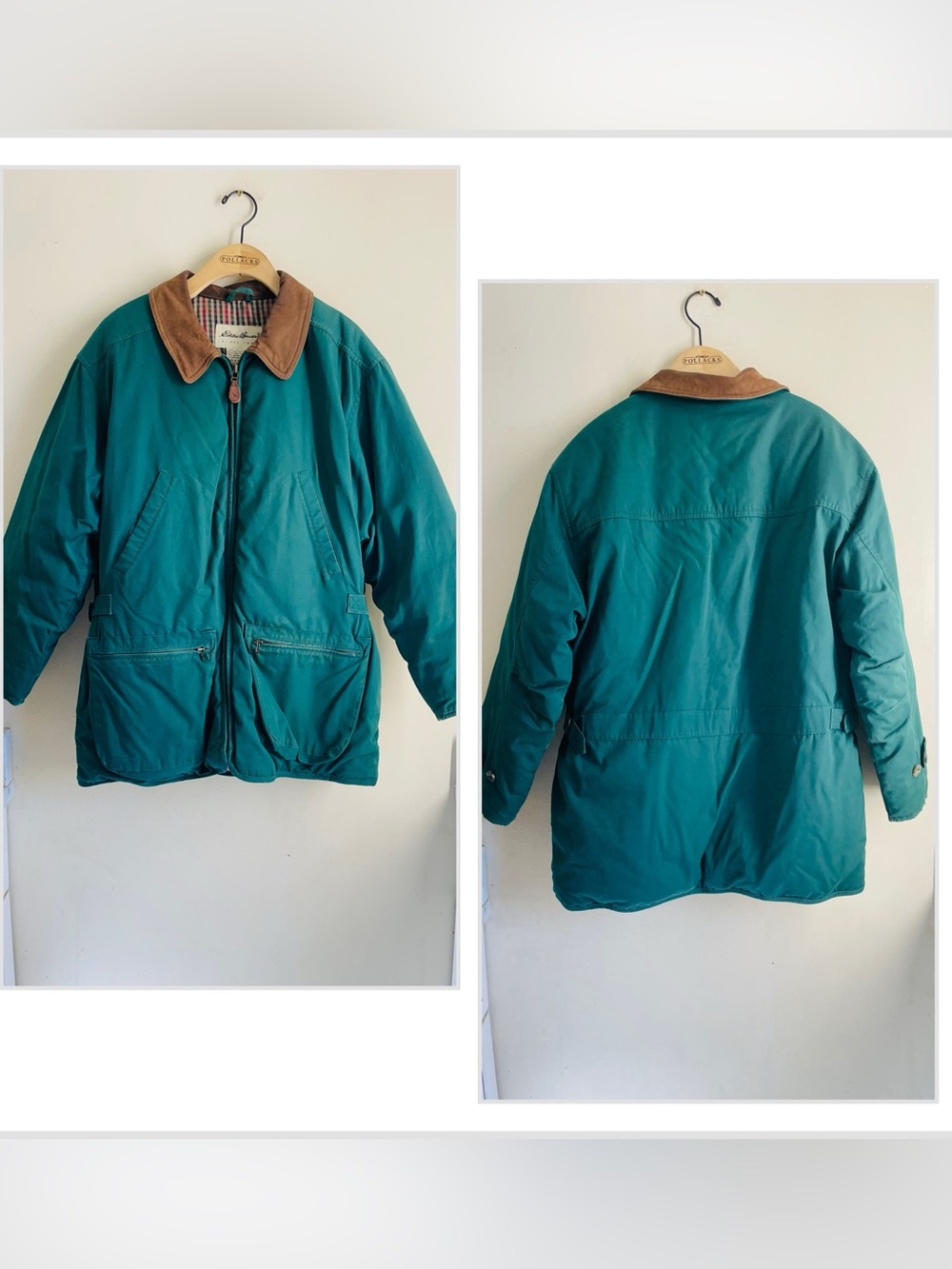 Eddie Bauer Vintage Barn Jacket M Teal Leather Collar Goose Down Chore Coat